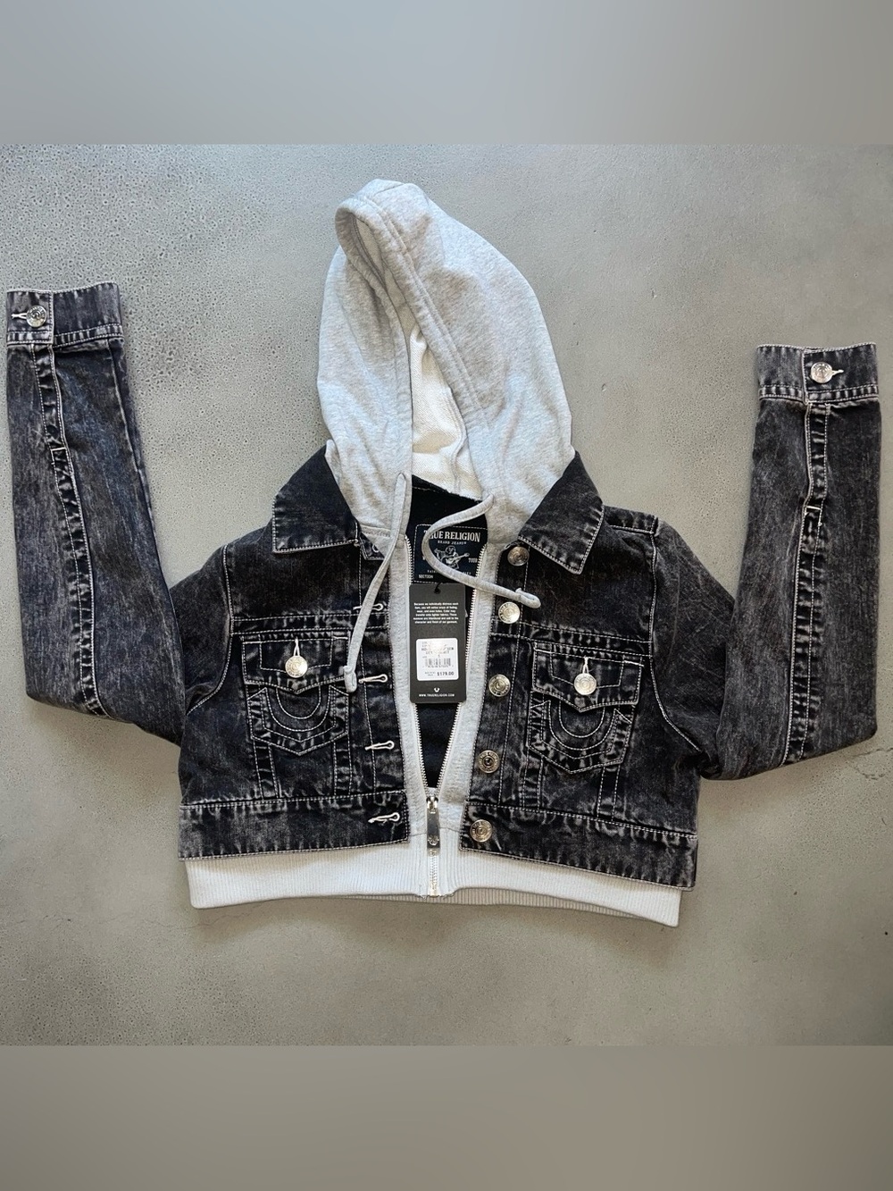 True Religion Black Washed Cropped Denim Jacket with Light Gray Hood
